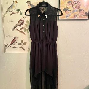 Black High-Low Metal-Tip Collar Dress